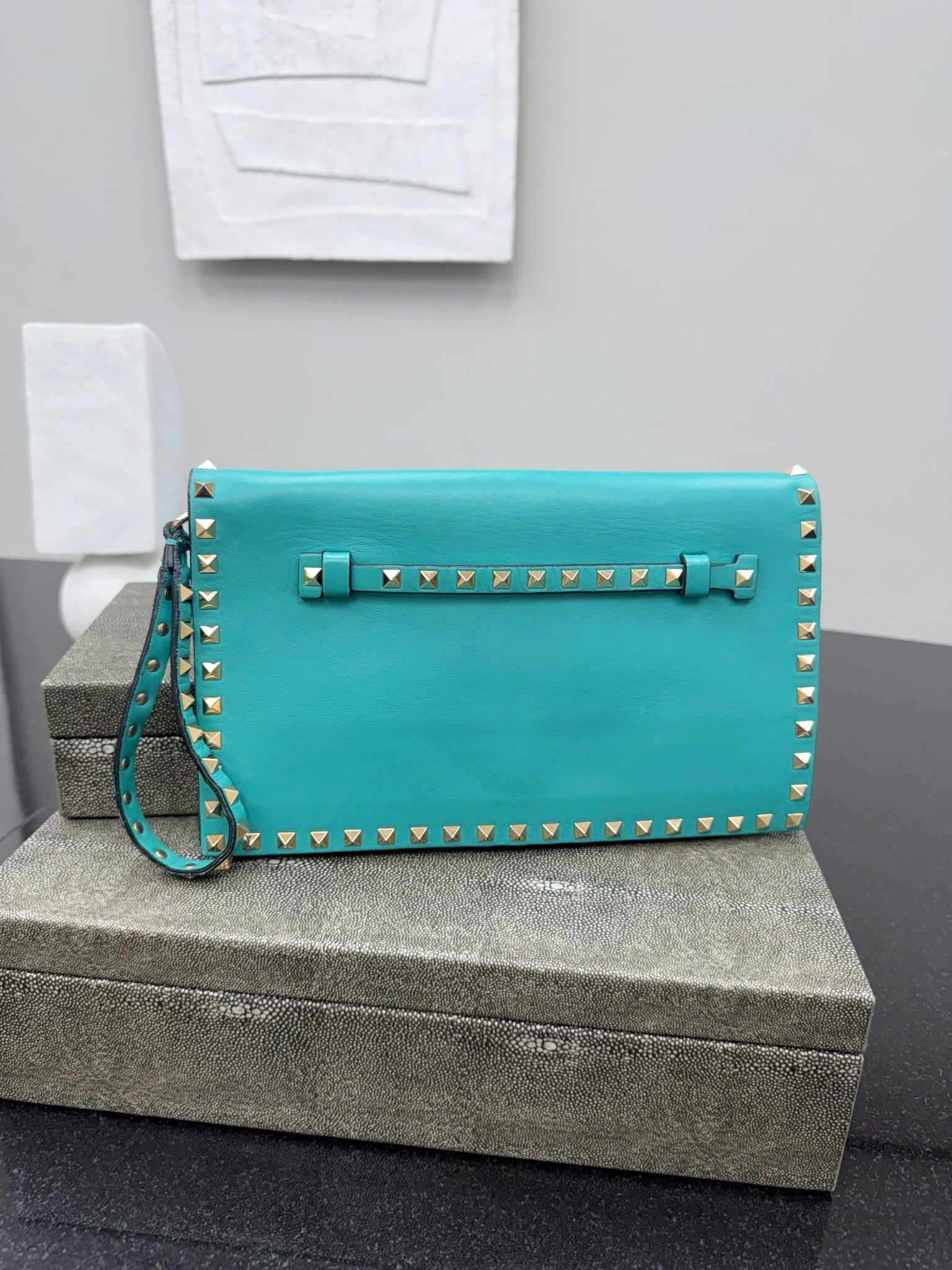Valentino Teal Leather Rockstud Clutch