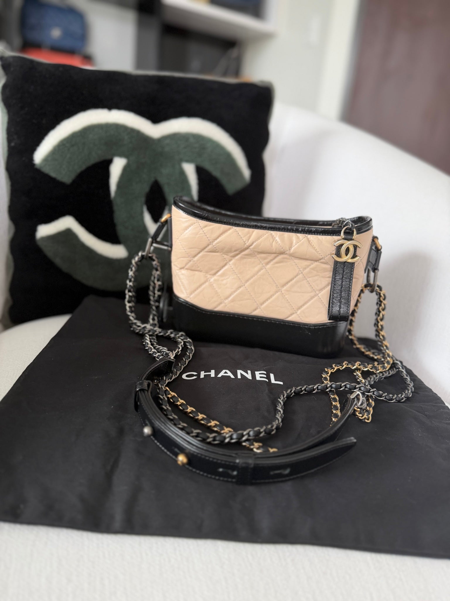 Chanel Tan & Black Aged Calfskin Quilted Small Gabrielle Hobo Bag