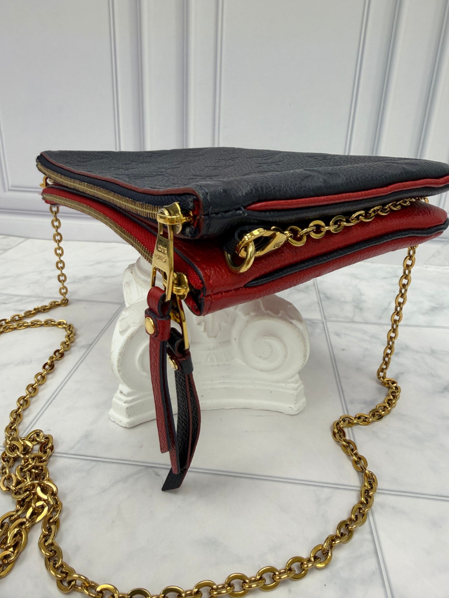 Louis Vuitton Navy & Red Empreinte Leather Double Zip Pochette