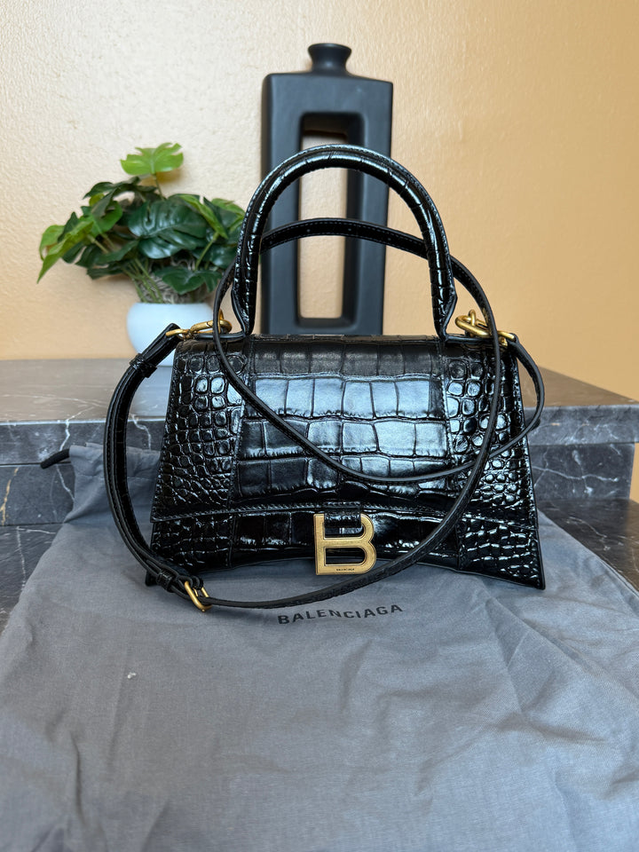 Balenciaga Black Croc Embossed Small Hourglass Top Handle Bag