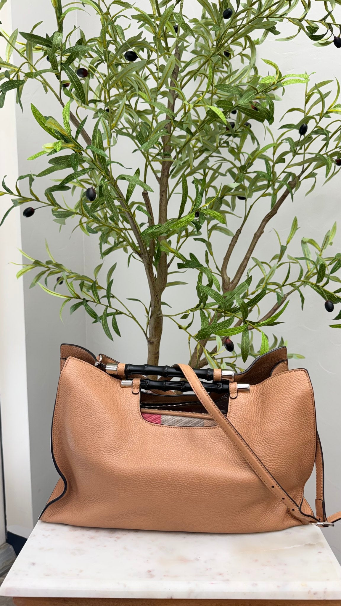 Gucci Tan Grained Leather Bamboo Daily Tote Bag