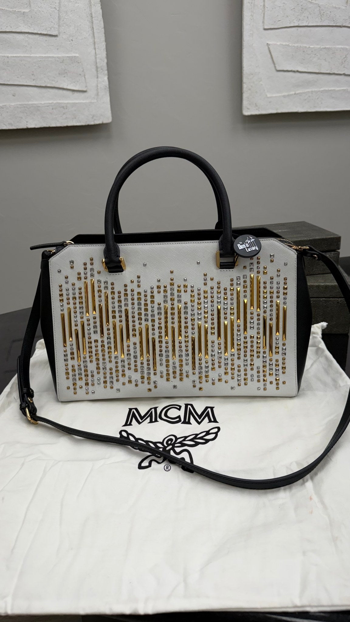 MCM White & Black Saffiano Leather Embellished Stud 2way Tote