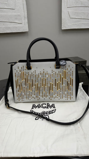 MCM White & Black Saffiano Leather Embellished Stud 2way Tote