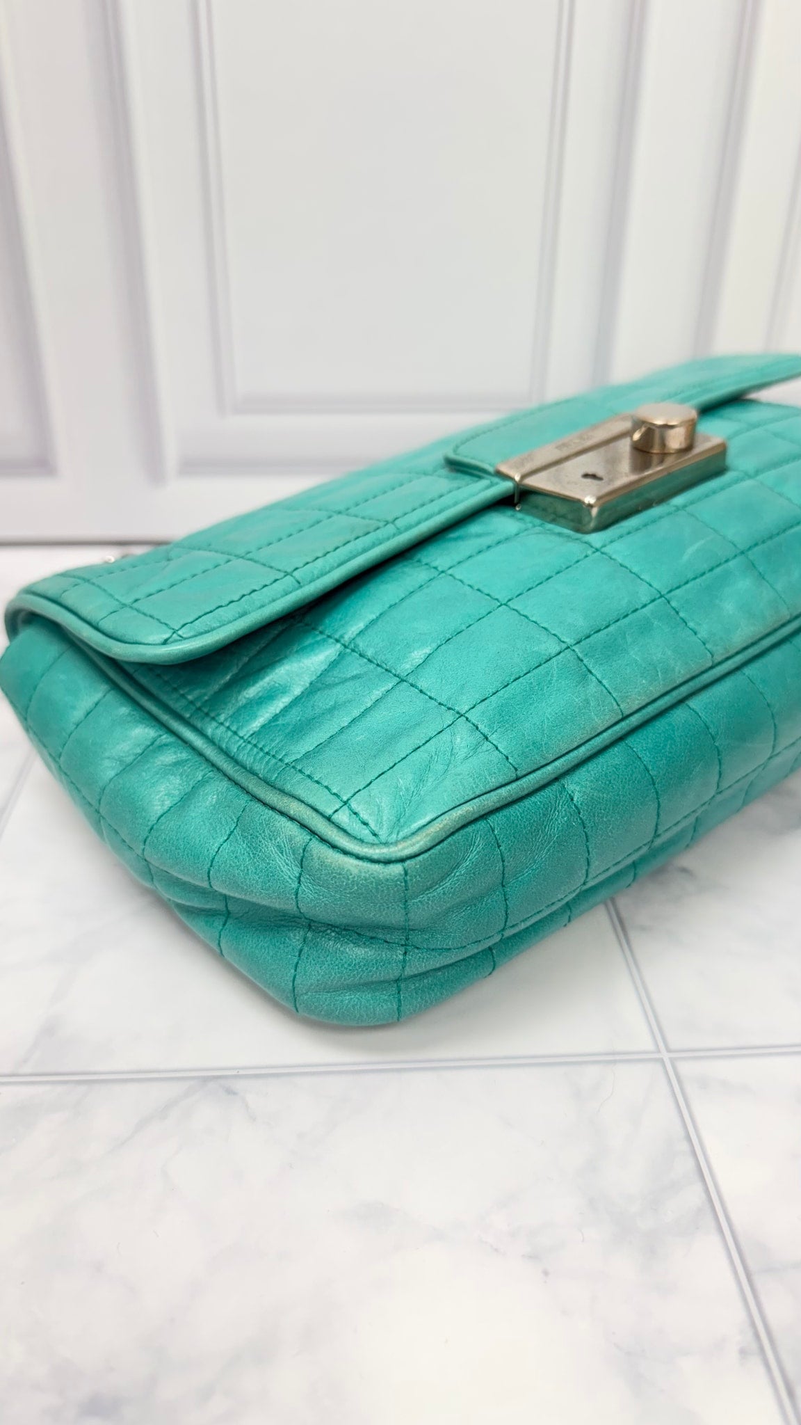 Prada Blue Teal Nappa Leather Chain Flap Shoulder Bag 