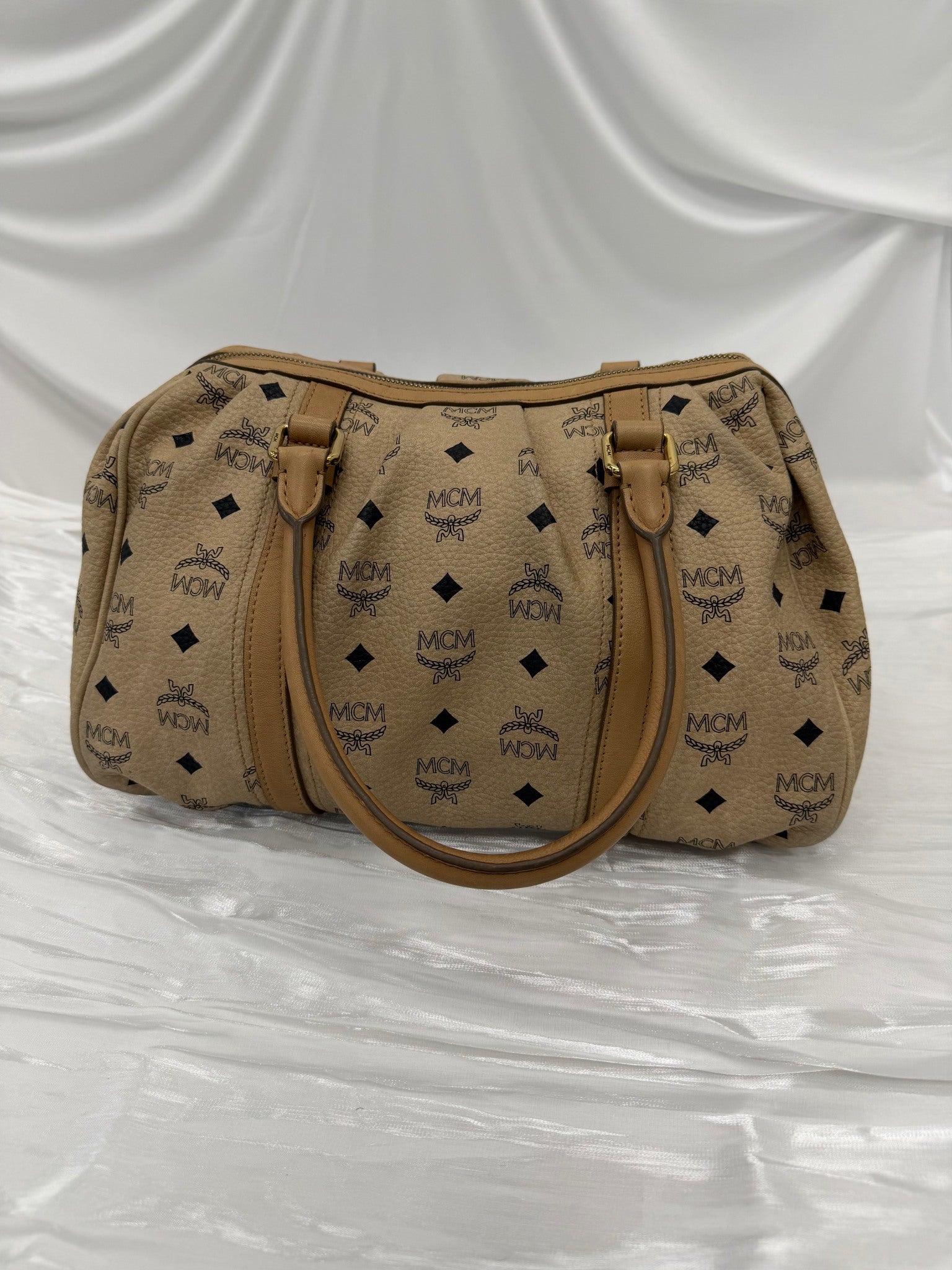 Mcm Cream Visetos Leather Boston Bag