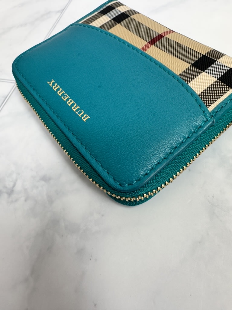 Burberry Teal House Check Canvas And Leather Compact Zippy Wallet