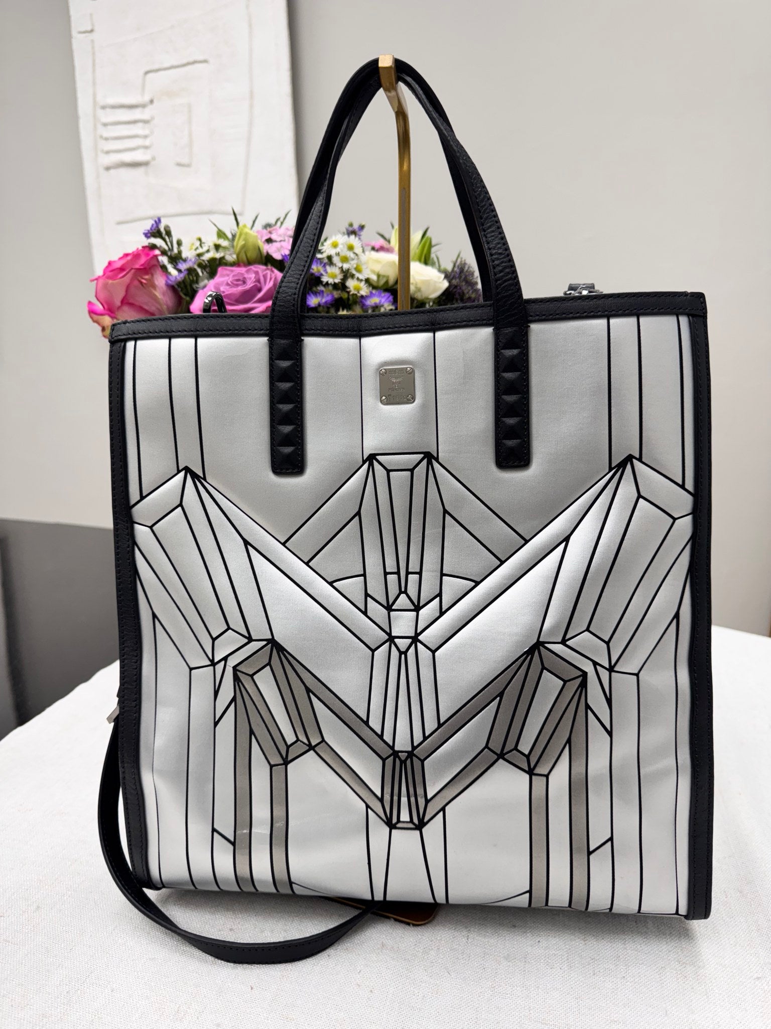 MCM Metalic Silver Nappa Leather Bionic Geometric Shopper Bag