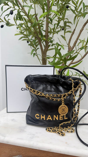 BRAND NEW - Chanel Black Calfskin Leather Mini 22 Crossbody Bag