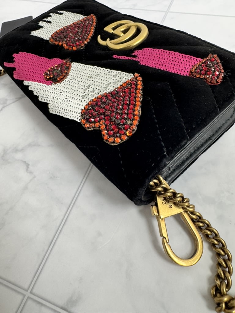 Gucci Marmont Black Chevron Quilted Velvet Embellished Hearts Wallet On A Chain