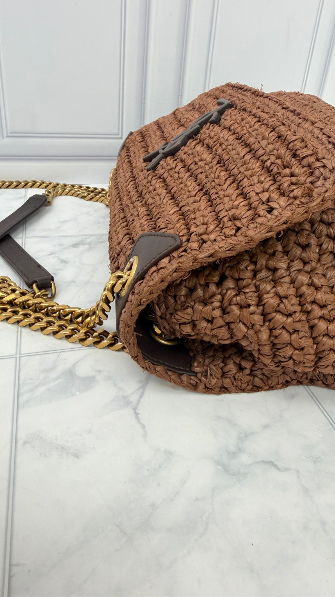 Saint Laurent YSL Brown Raffia Niki Medium Shoulder Bag 