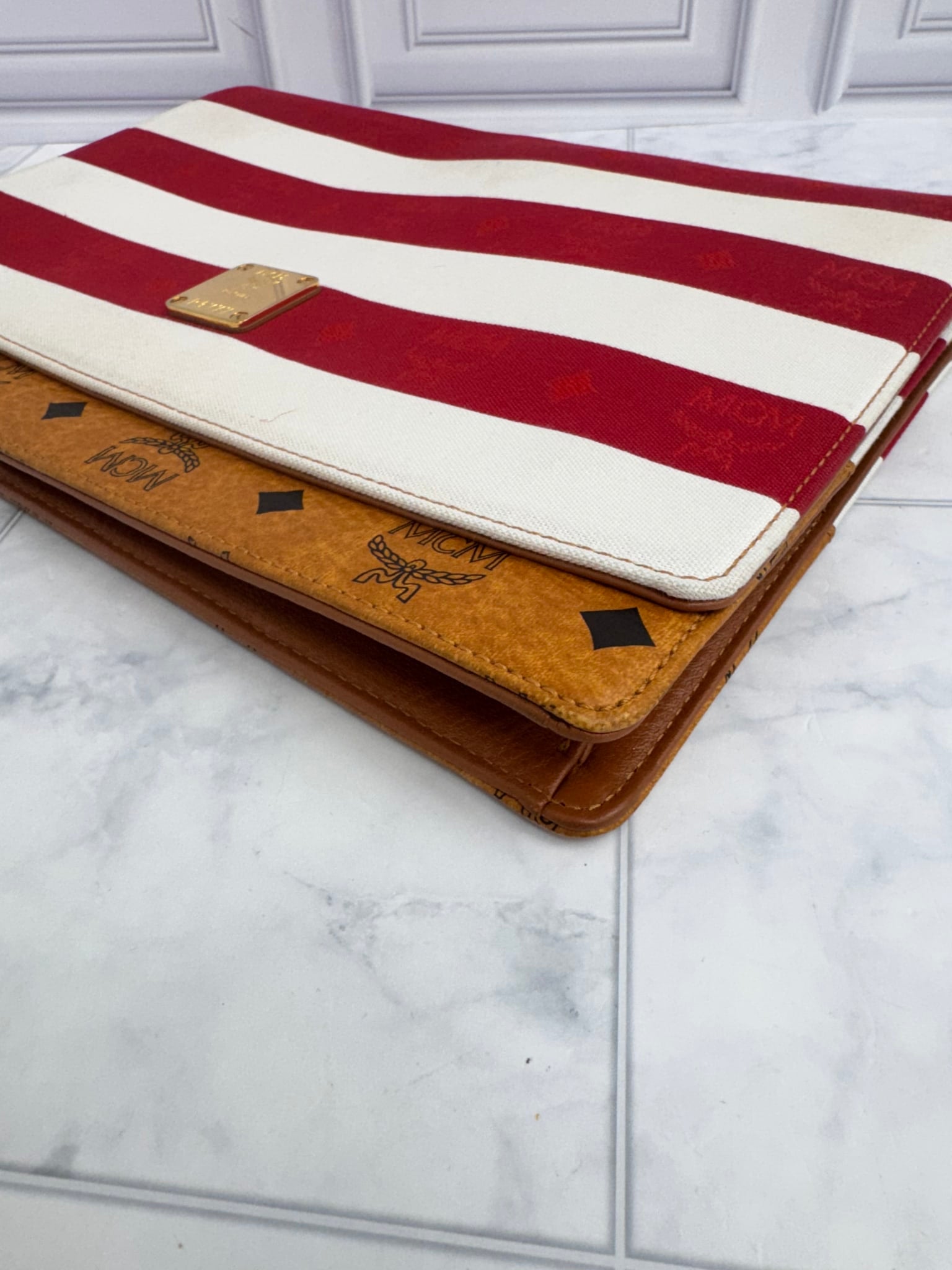 MCM Red & White Striped Visetos Canvas Clutch Bag