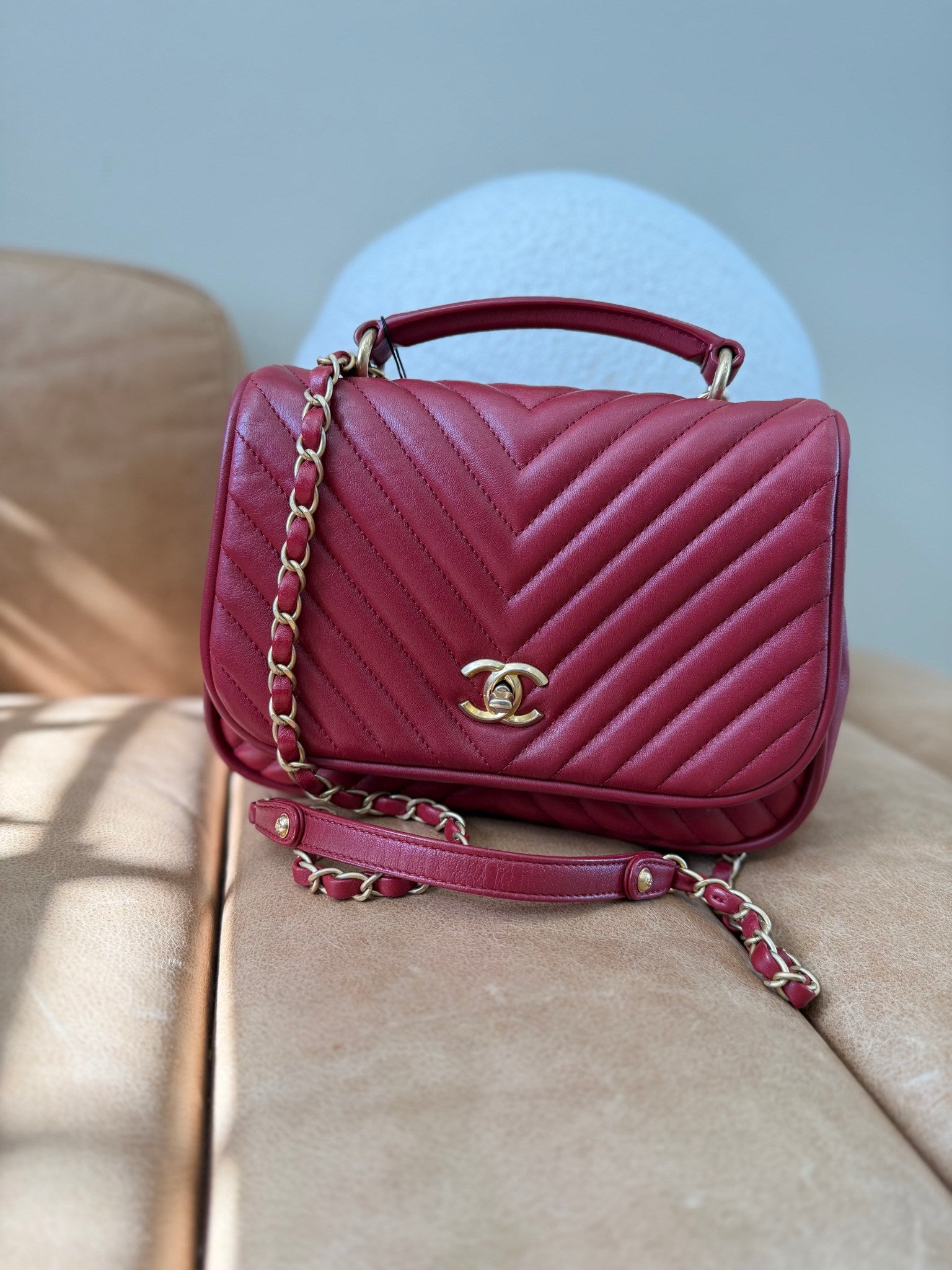 Chanel Red Chevron Lambskin Reversed Round Flap Bag