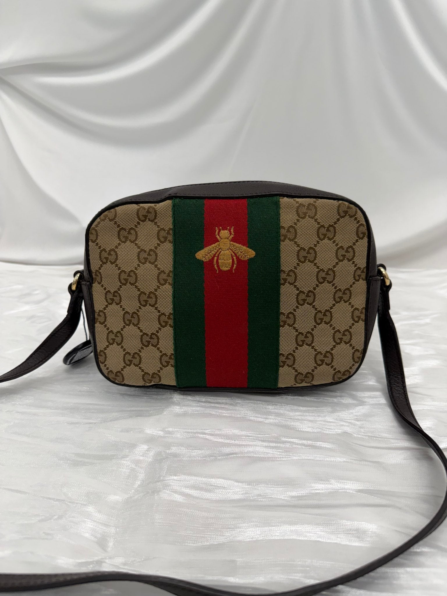 Gucci Brown GG Canvas & Leather Sherry Line Bee Camera Bag