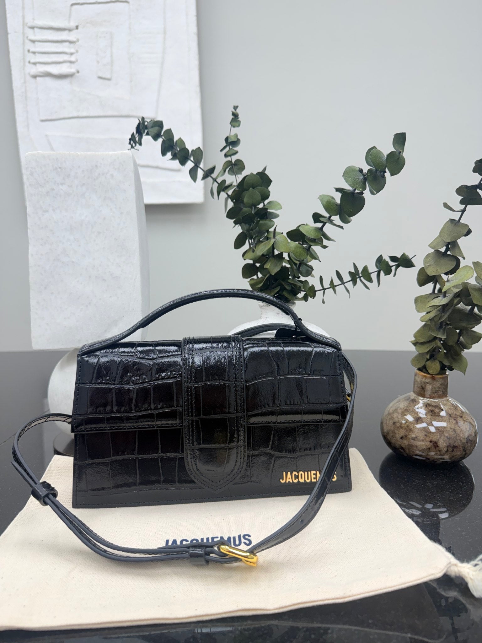 BRAND NEW - Jacquemus Black Croc Embossed Leather Le Grand Bambino 2Way Handbag