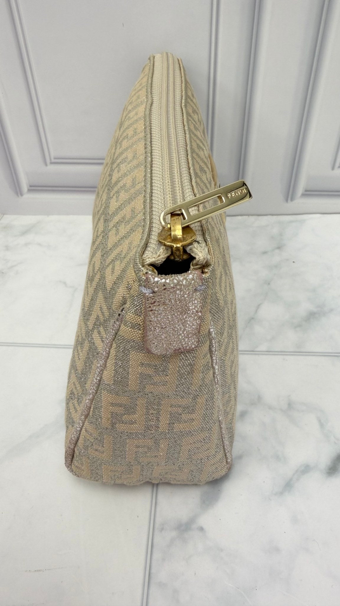 Fendi Metallic Silver & Dusty Pink Zucca Canvas Pouch