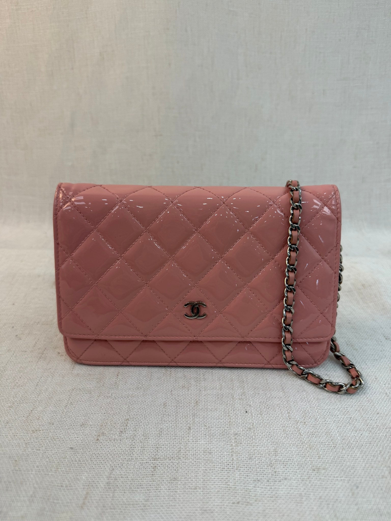 Chanel Pink Patent Leather Wallet On Chain