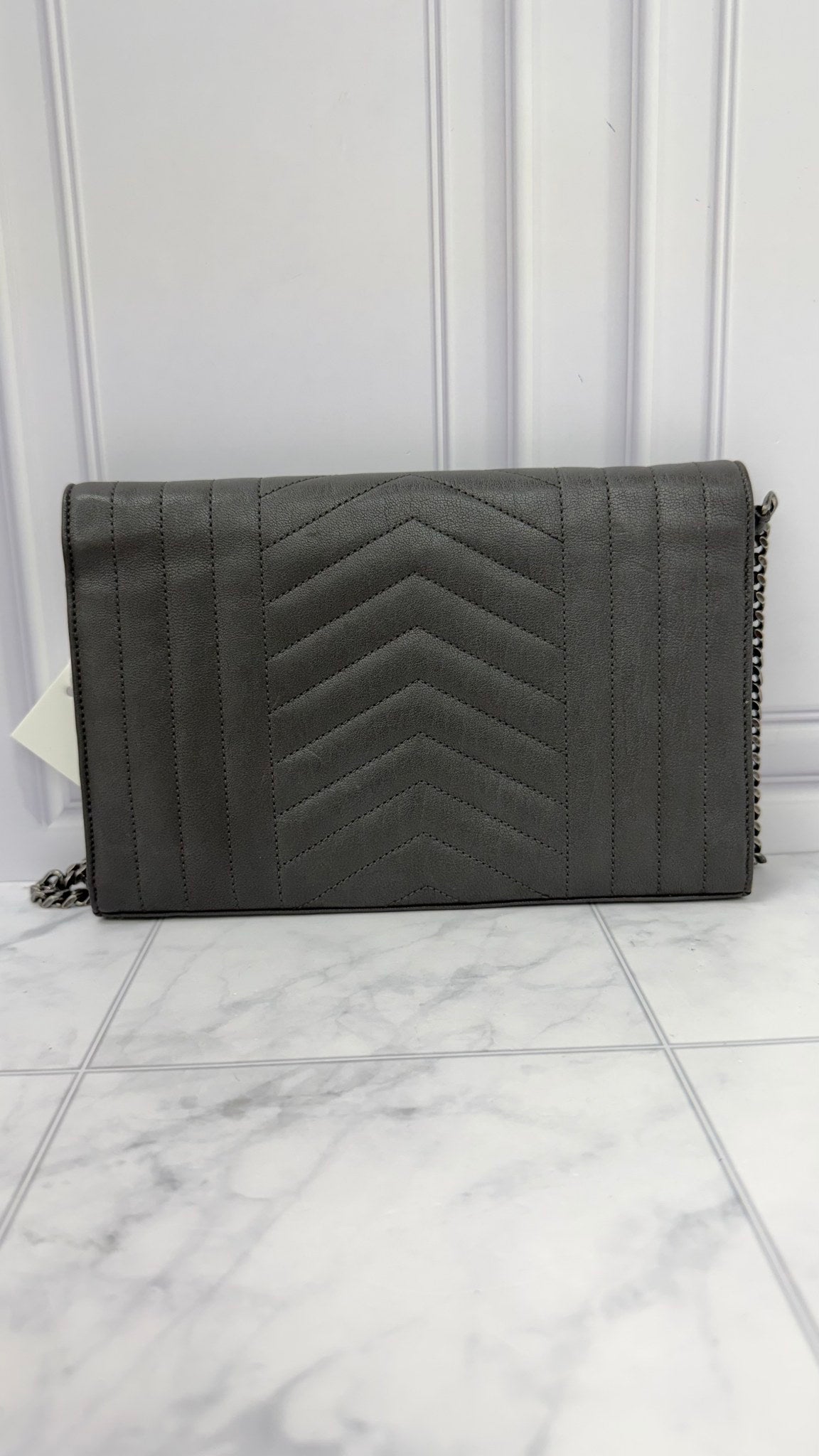 Saint Laurent YSL Grey Grained Leather Envelope Wallet On A Chain 