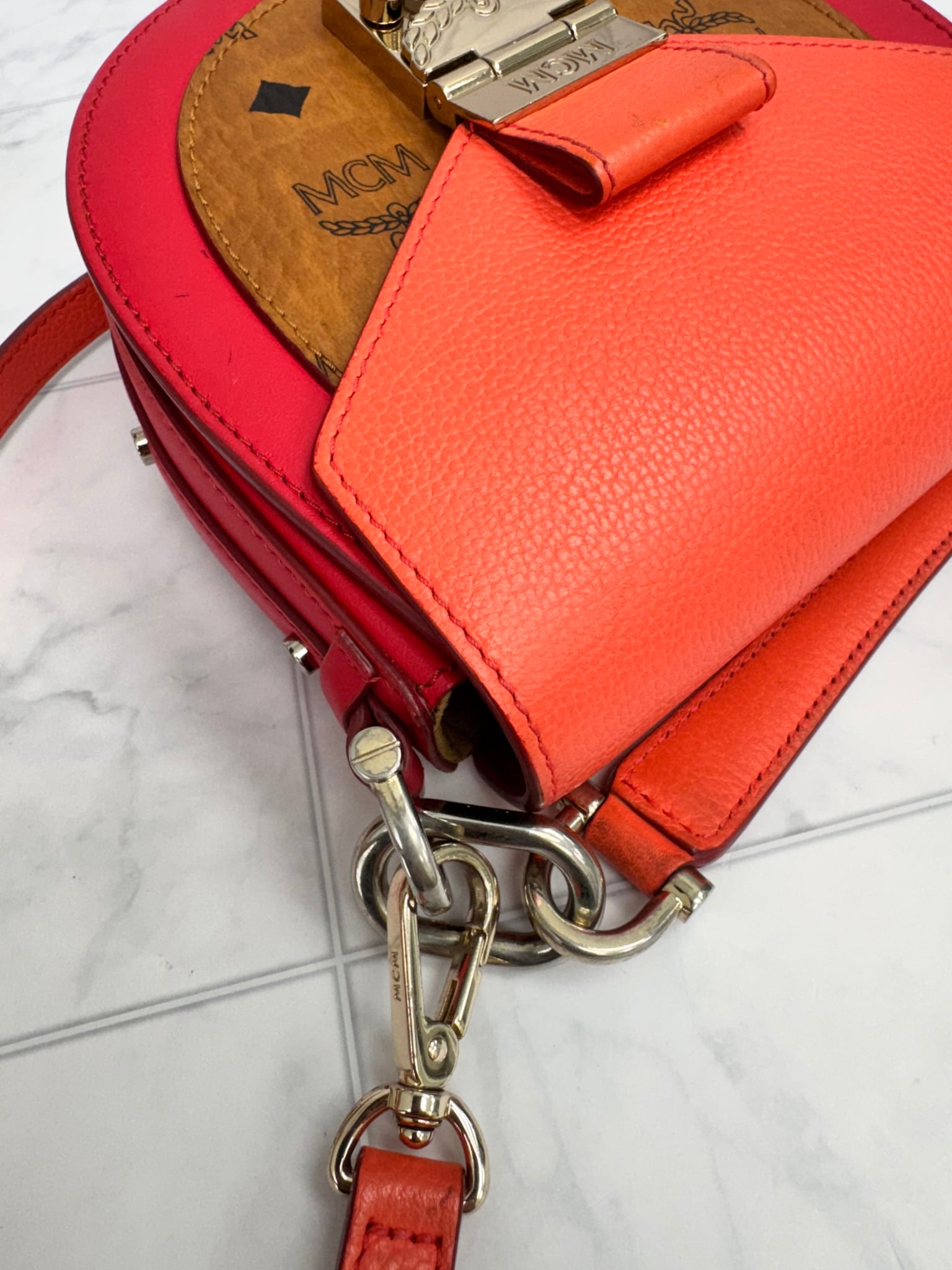 MCM Coral And Red Leather Crossbody Bag