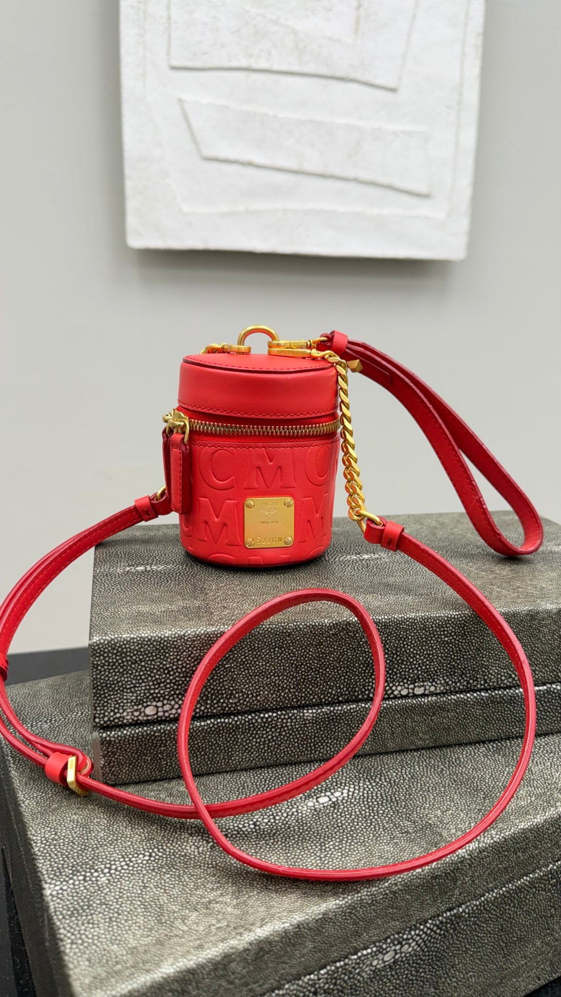 MCM Dark Coral Embossed Leather 2way Cylinder Bag