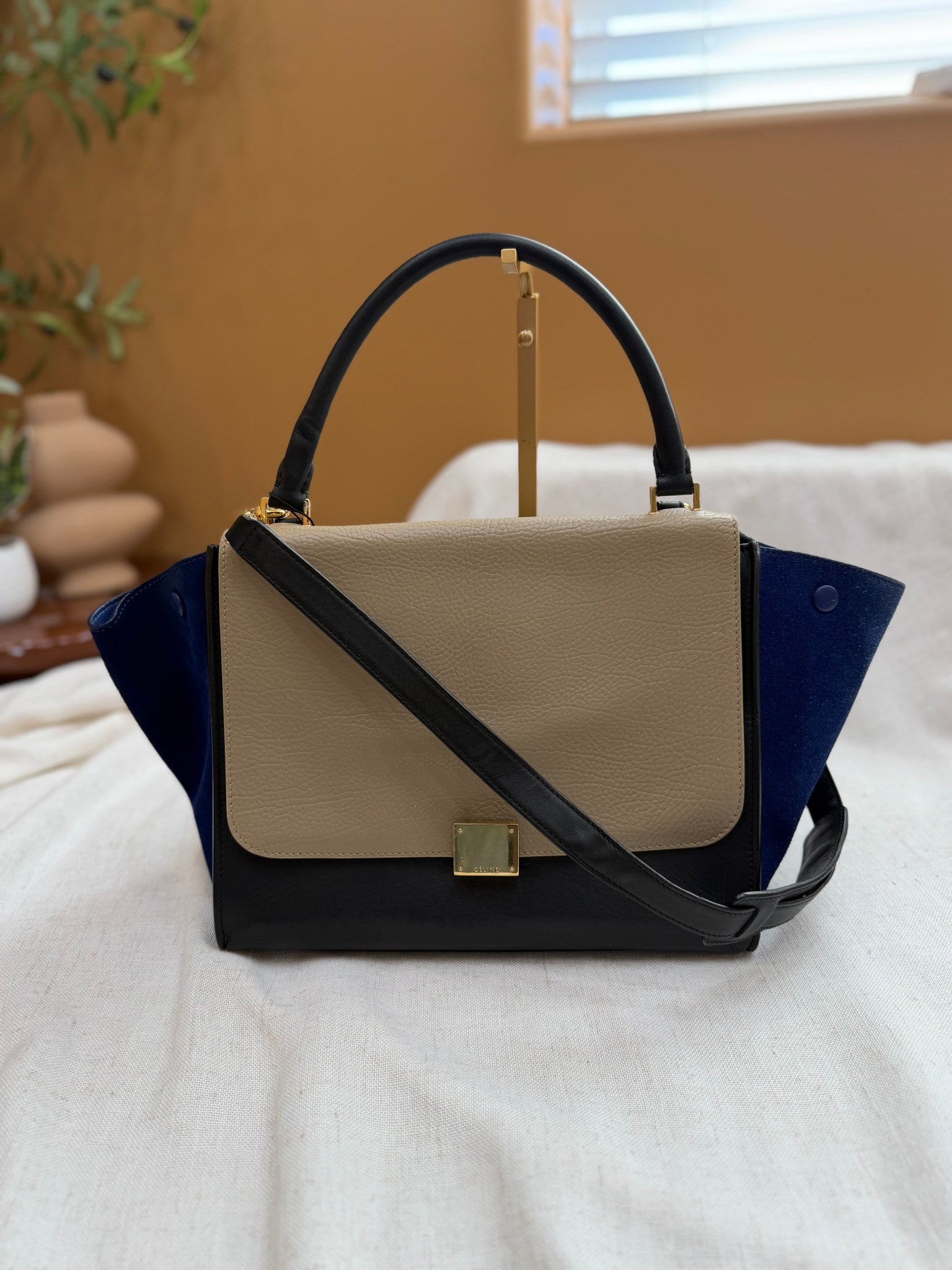 Celine Tri Colore Suede & Leather Medium Trapeze Handbag