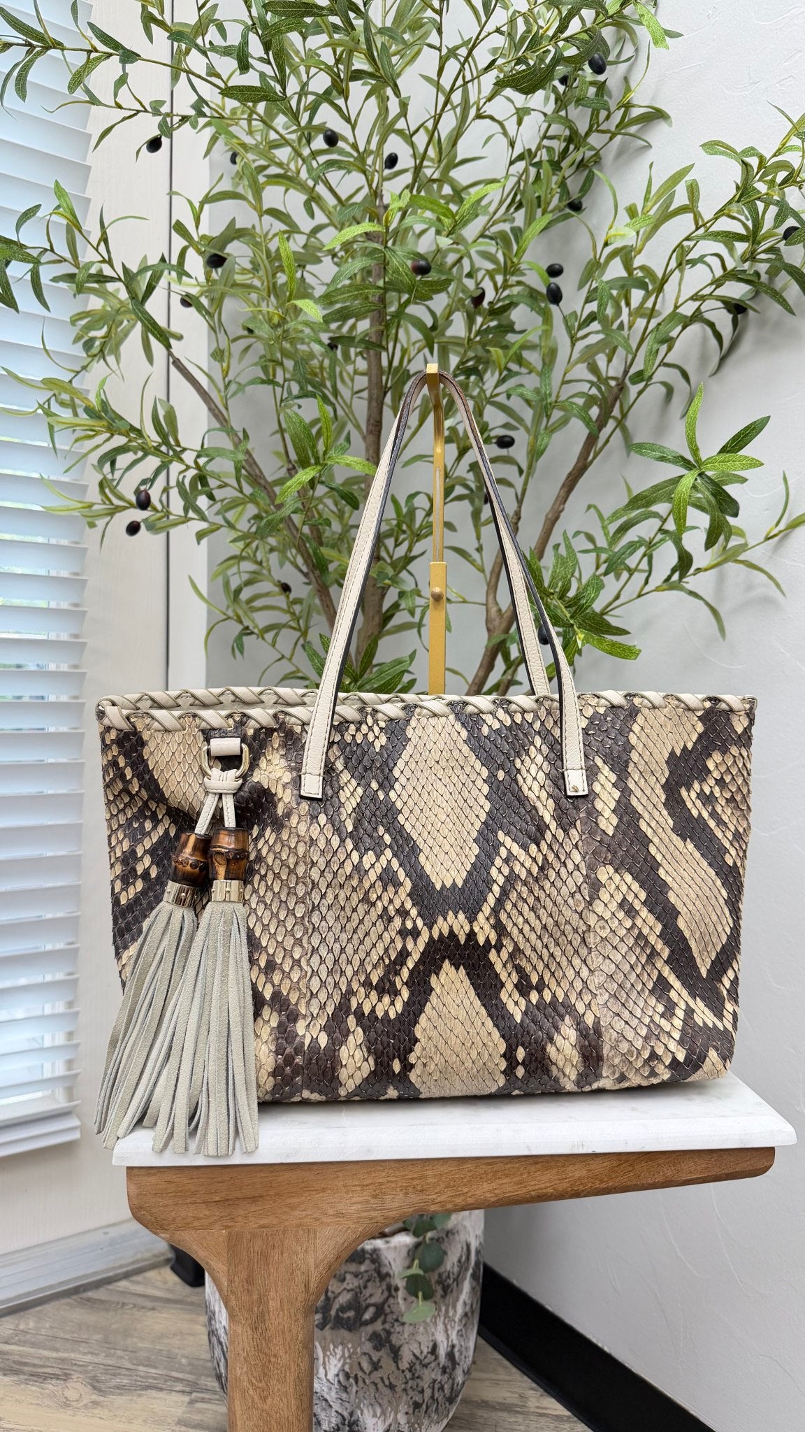 Gucci Snakeskin  & Beige Woven Leather Shoulder Tote