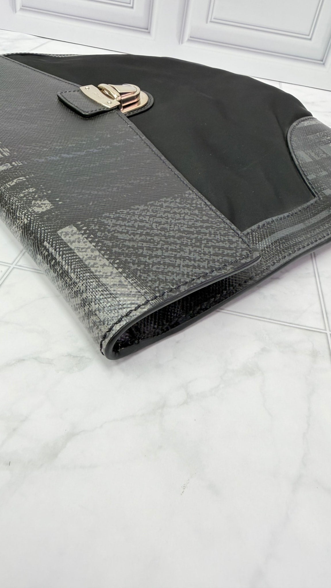 Prada Black Nylon & Saffiano Printed Leather Documents Pouch