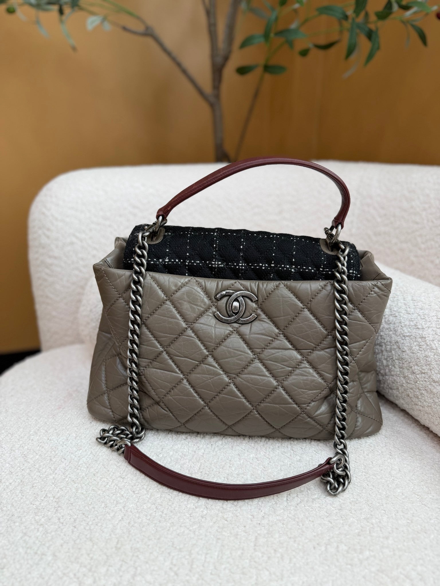 Chanel Dark Taupe Quilted Aged Calfskin & Tweed Large Portobello Top Handle Bag 