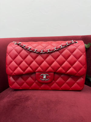Chanel Red Quilted Lambskin Jumbo Double Flap Bag