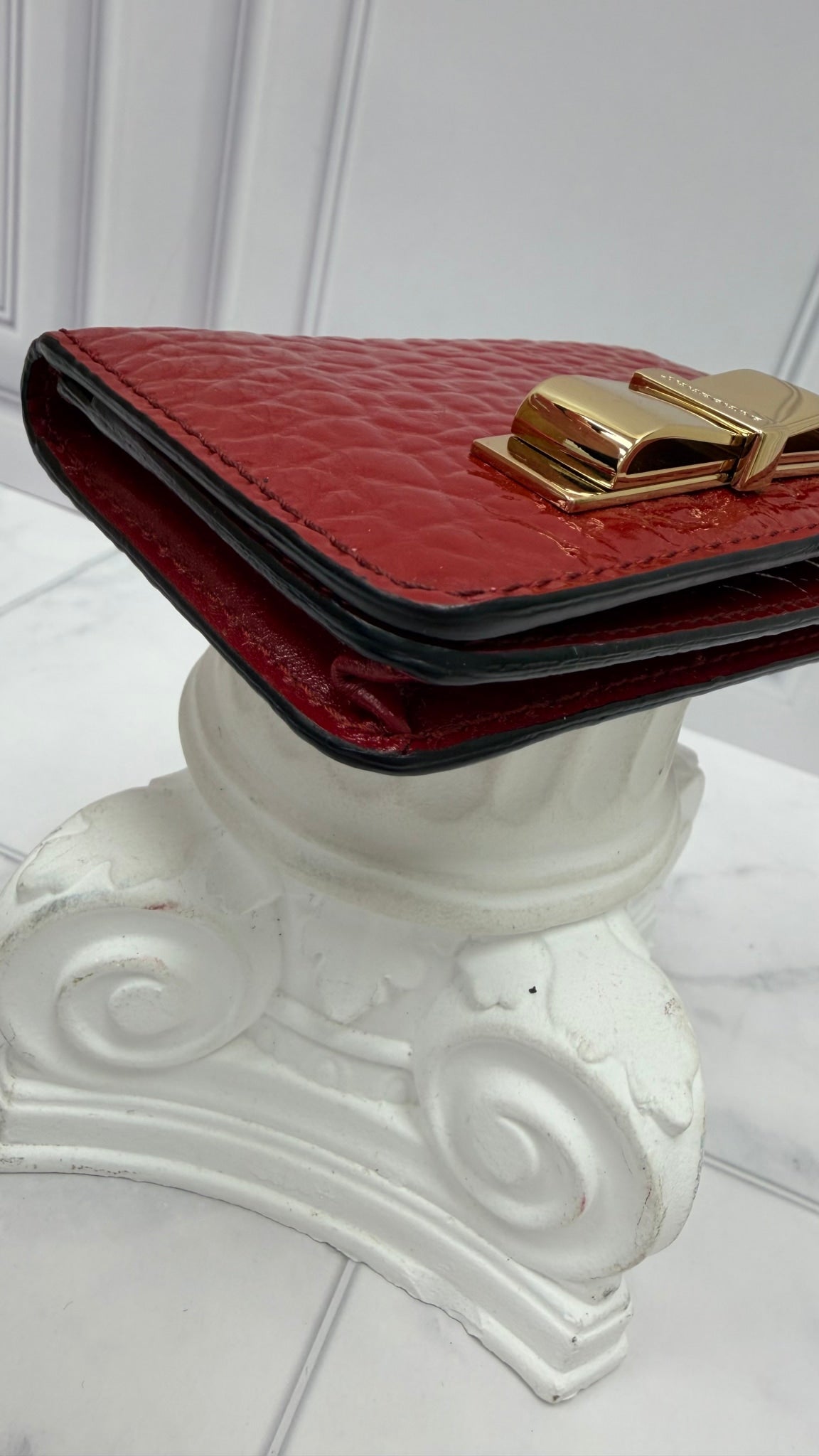 Burberry Red Embossed Patent Leather Compact Bow Wallet