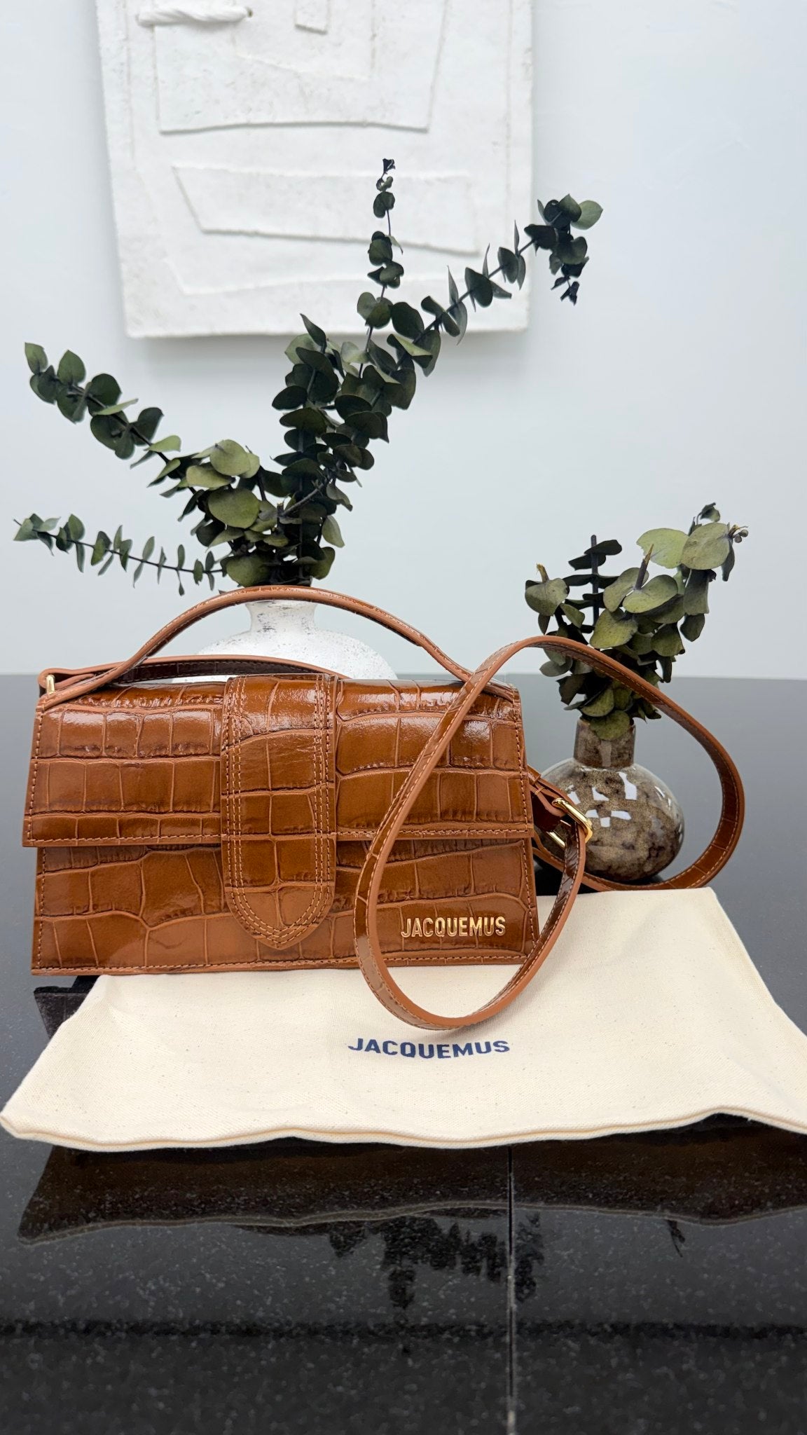 BRAND NEW - Jacquemus Brown Croc Embossed Leather Le Grand Bambino 2Way Handbag