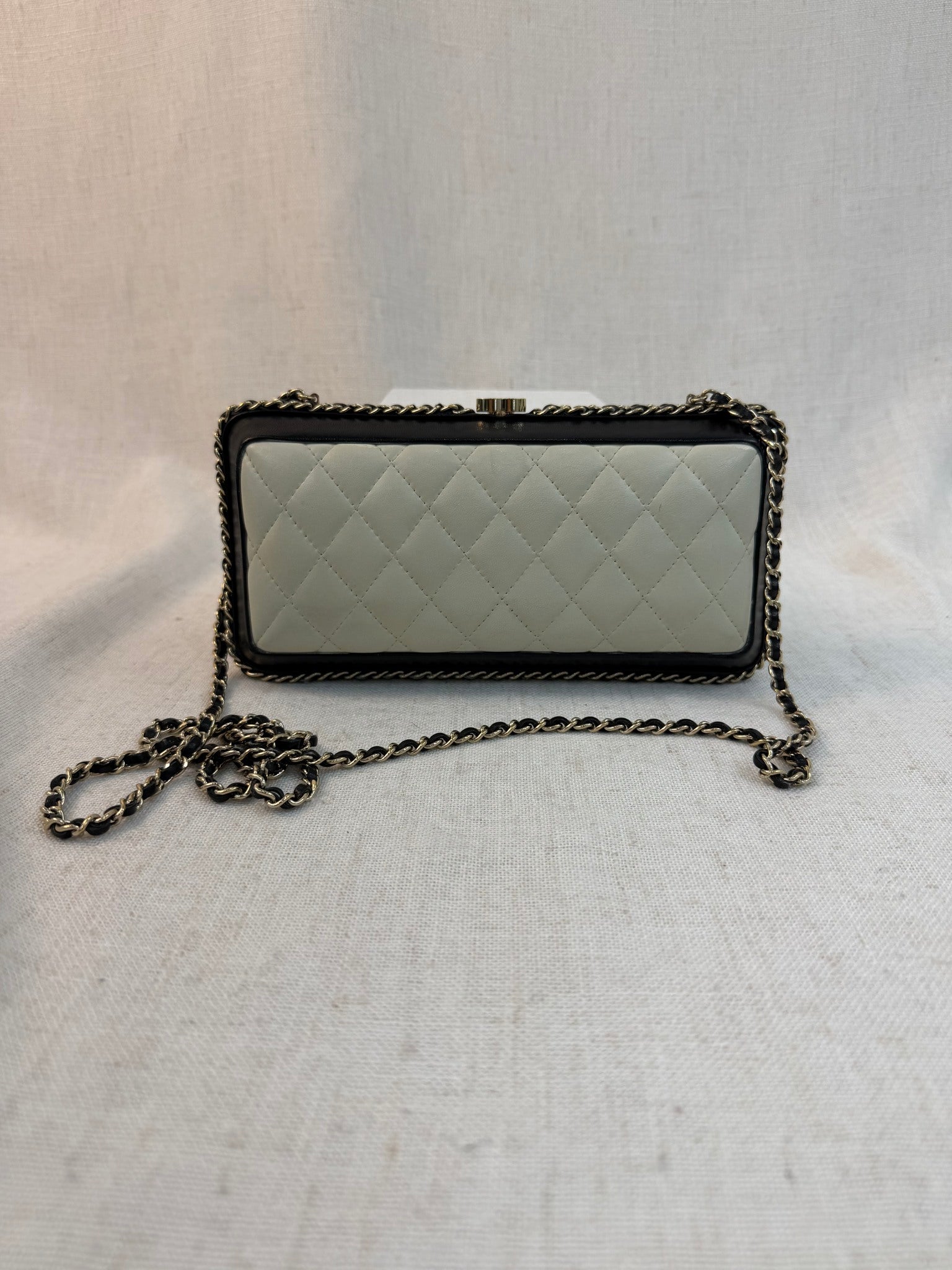 Chanel Black And White Calfskin Chain Around Clutch Bag