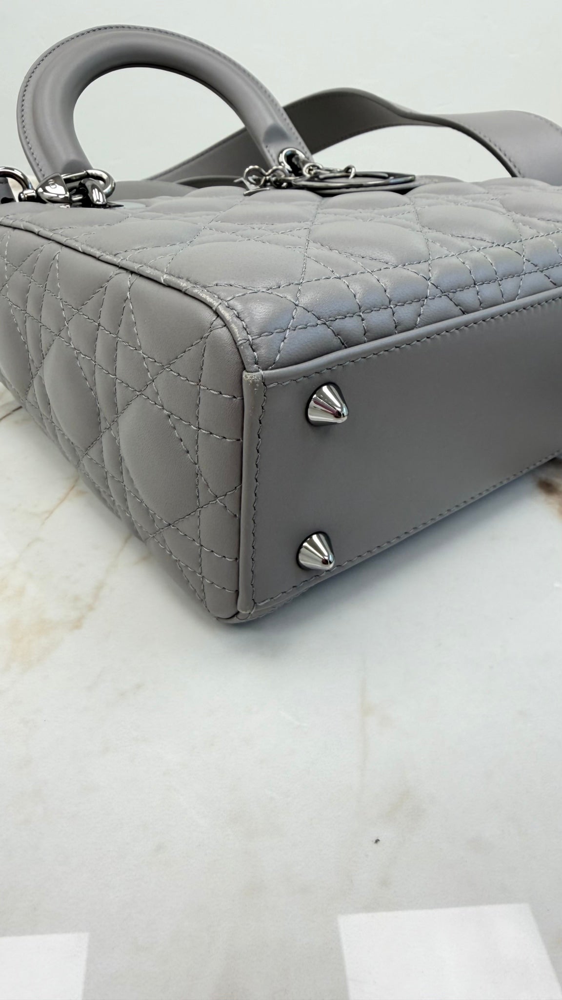 Christian Dior  Matte Grey Cannage Leather Small Lady Dior & Twilly