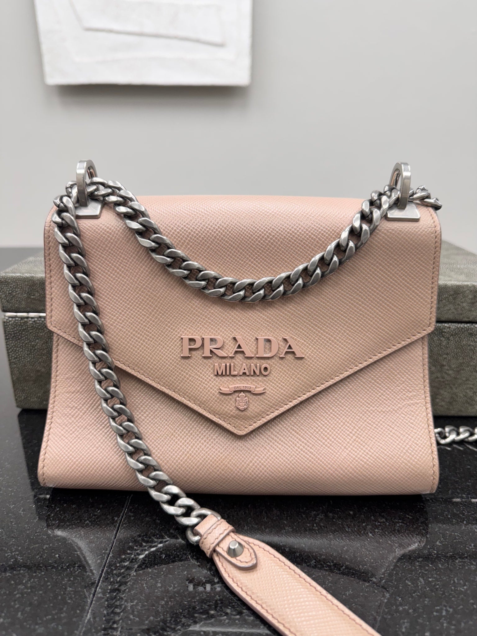 Prada Beige Saffiano Leather Chain Envelope Flap Bag