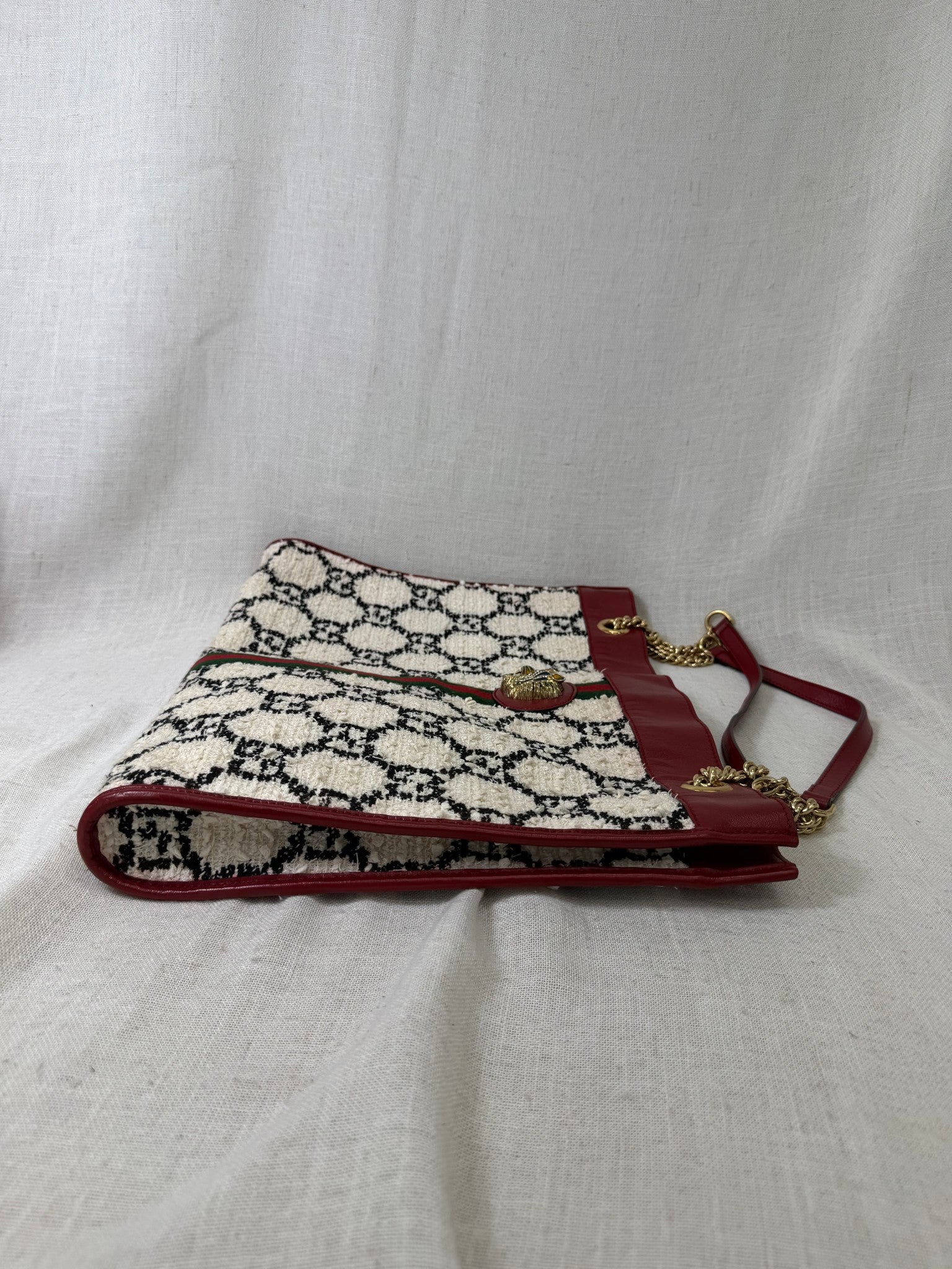 Gucci White Tweed And Red Leather Trim GG Rajah Tote