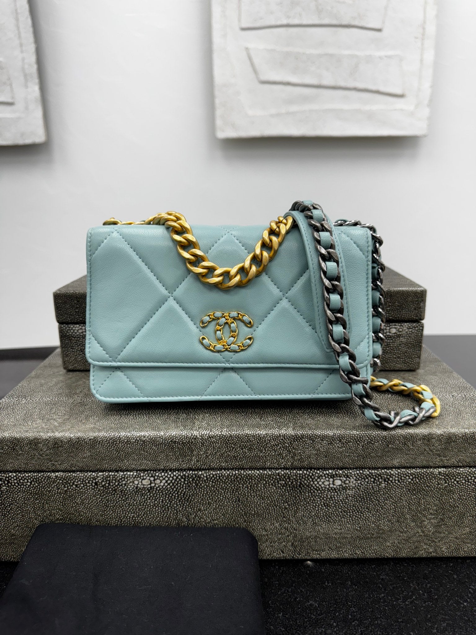 Chanel 19 Teal Quilted Lambskin Leather Wallet On A Chain