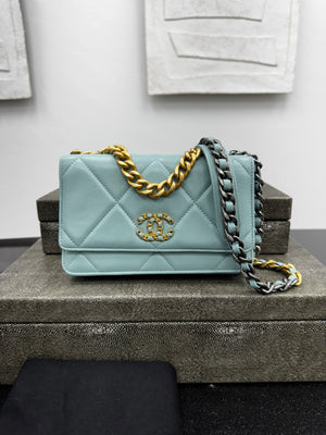 Chanel 19 Teal Quilted Lambskin Leather Wallet On A Chain