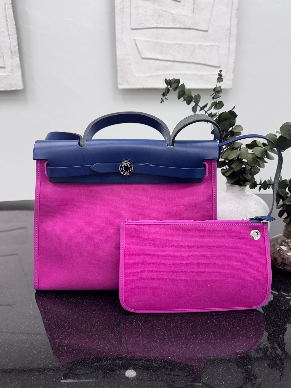 Hermes Magnolia Pink Toile Canvas & Sapphire Blue Vache Hunter Leather Zip Herbag 31