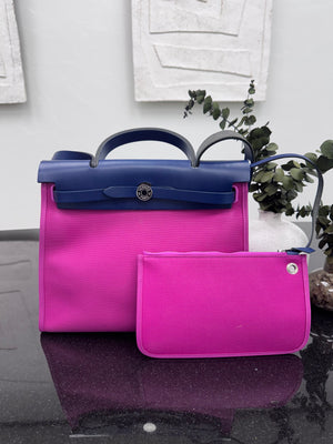 Hermes Magnolia Pink Toile Canvas & Sapphire Blue Vache Hunter Leather Zip Herbag 31