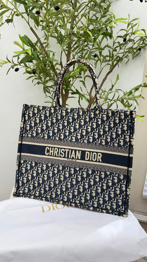Christian Dior Navy Blue Oblique Embroidery Large Book Tote Bag