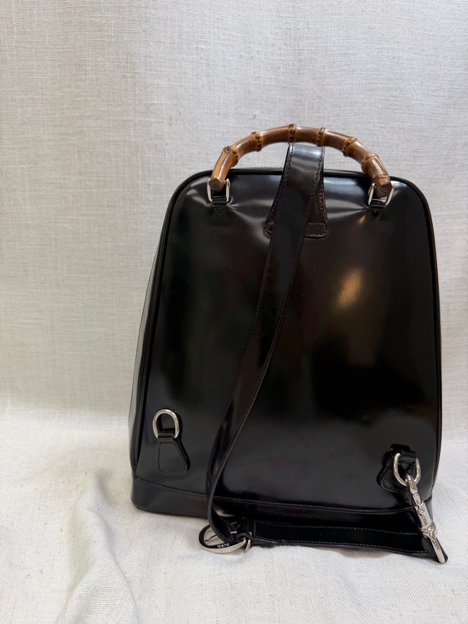 Gucci Black Nylon And Patent Leather Bamboo Sling Backpack