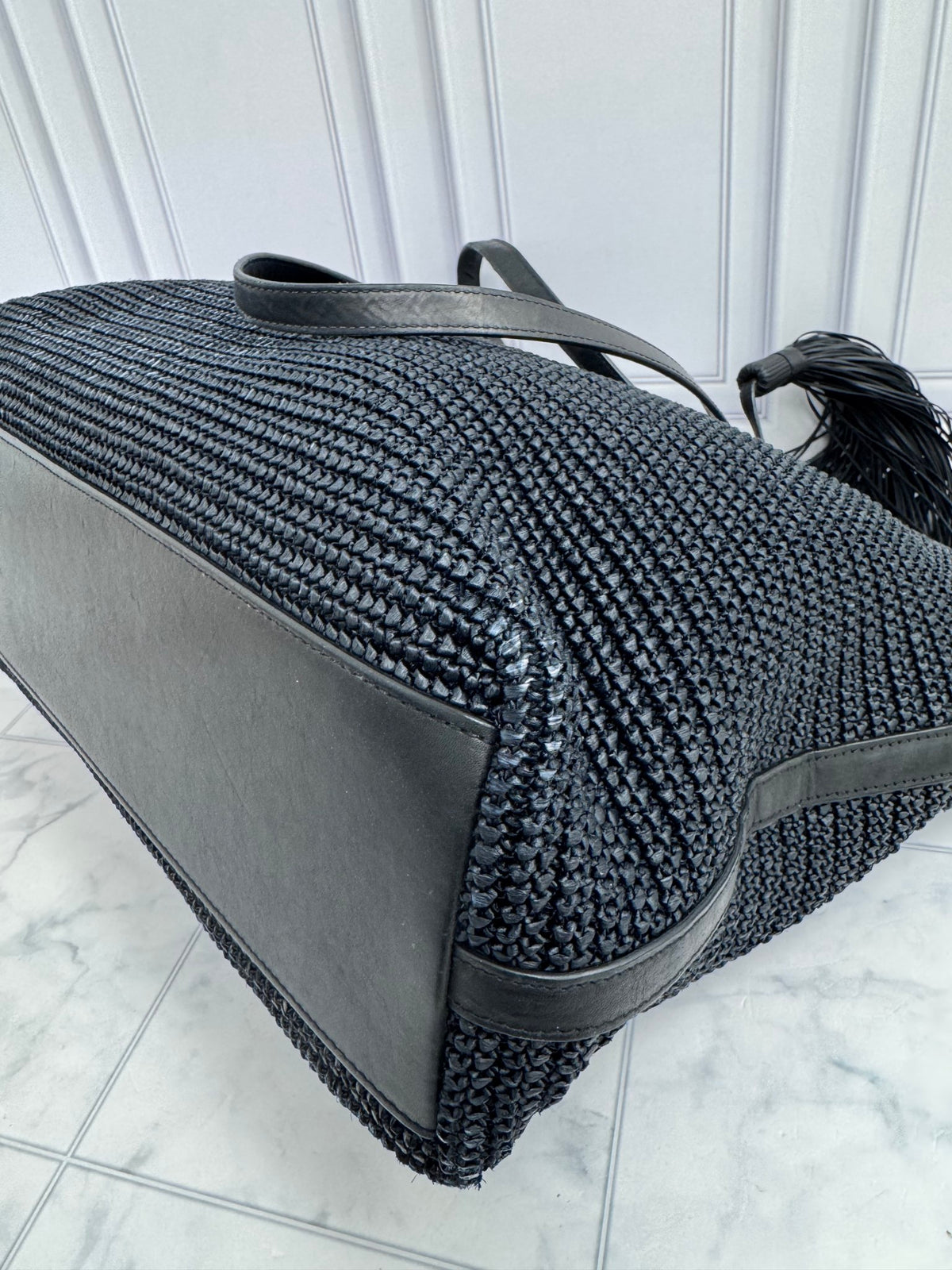 Saint Laurent YSL Black Raffia Tote Bag