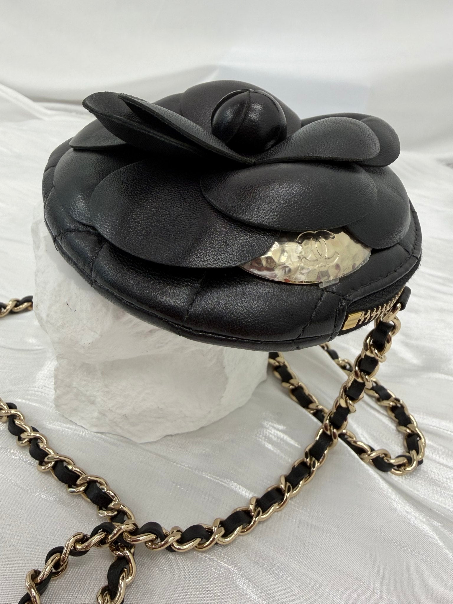 LIKE NEW- Chanel Black Lambskin Round Camellia Clutch on a Chain 