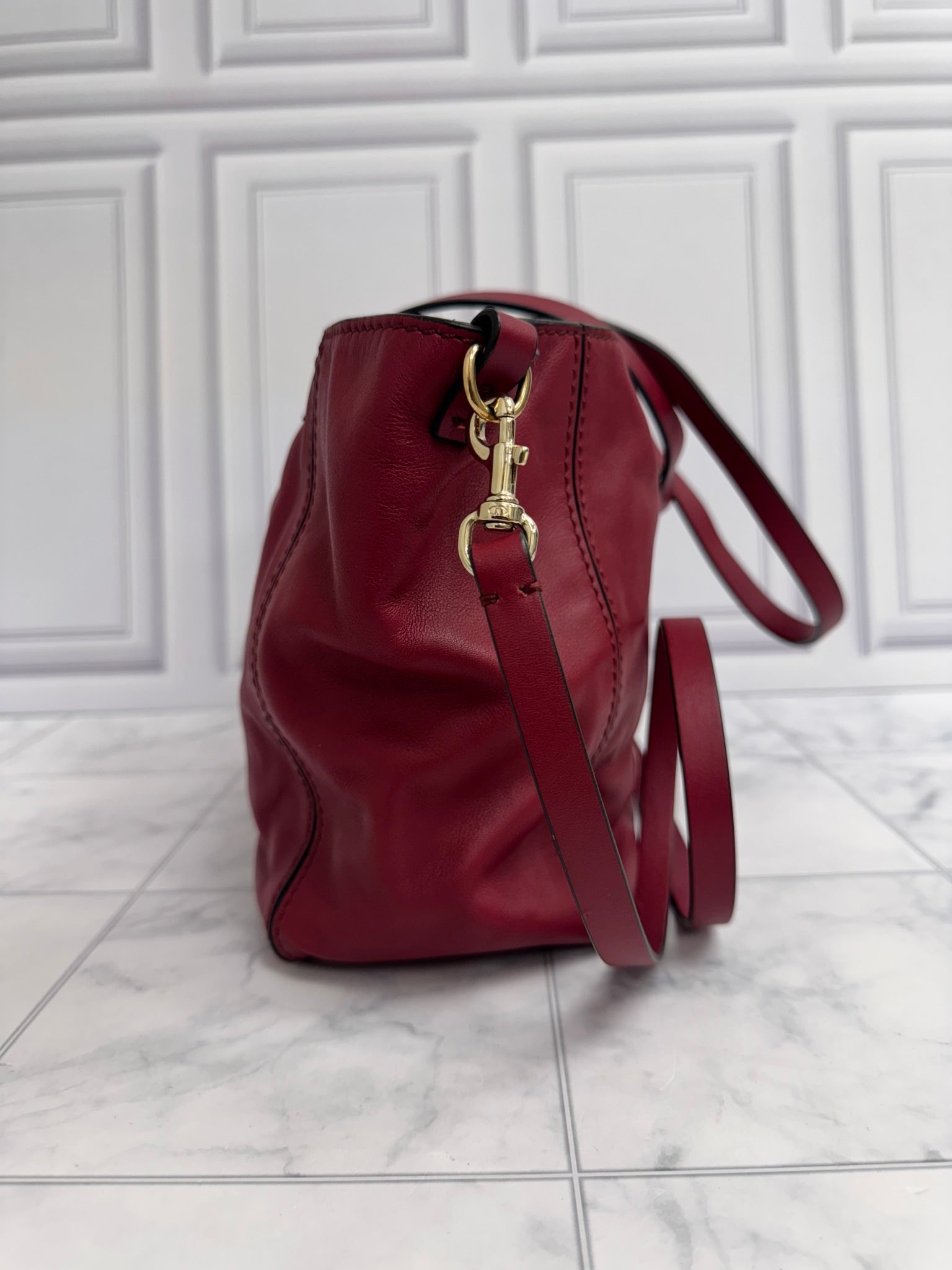 Valentino Burgundy Leather Rockstud Tote 2Way Bag