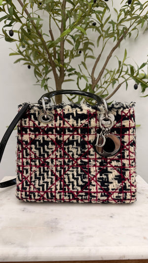 Christian Dior Multicolor Tweed Cannage Fringe Lady Dior Medium 2-Way Handbag