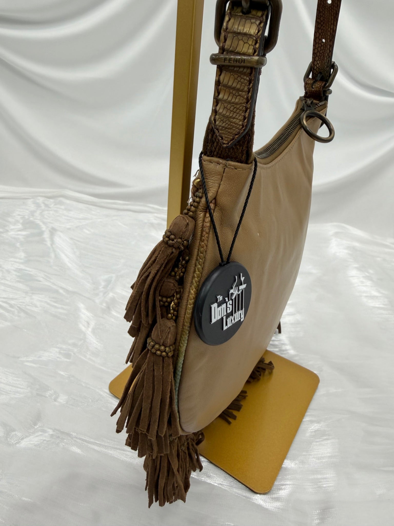 Fendi Brown Suede & Lizard Oyster Beaded Fringe Hobo Bag