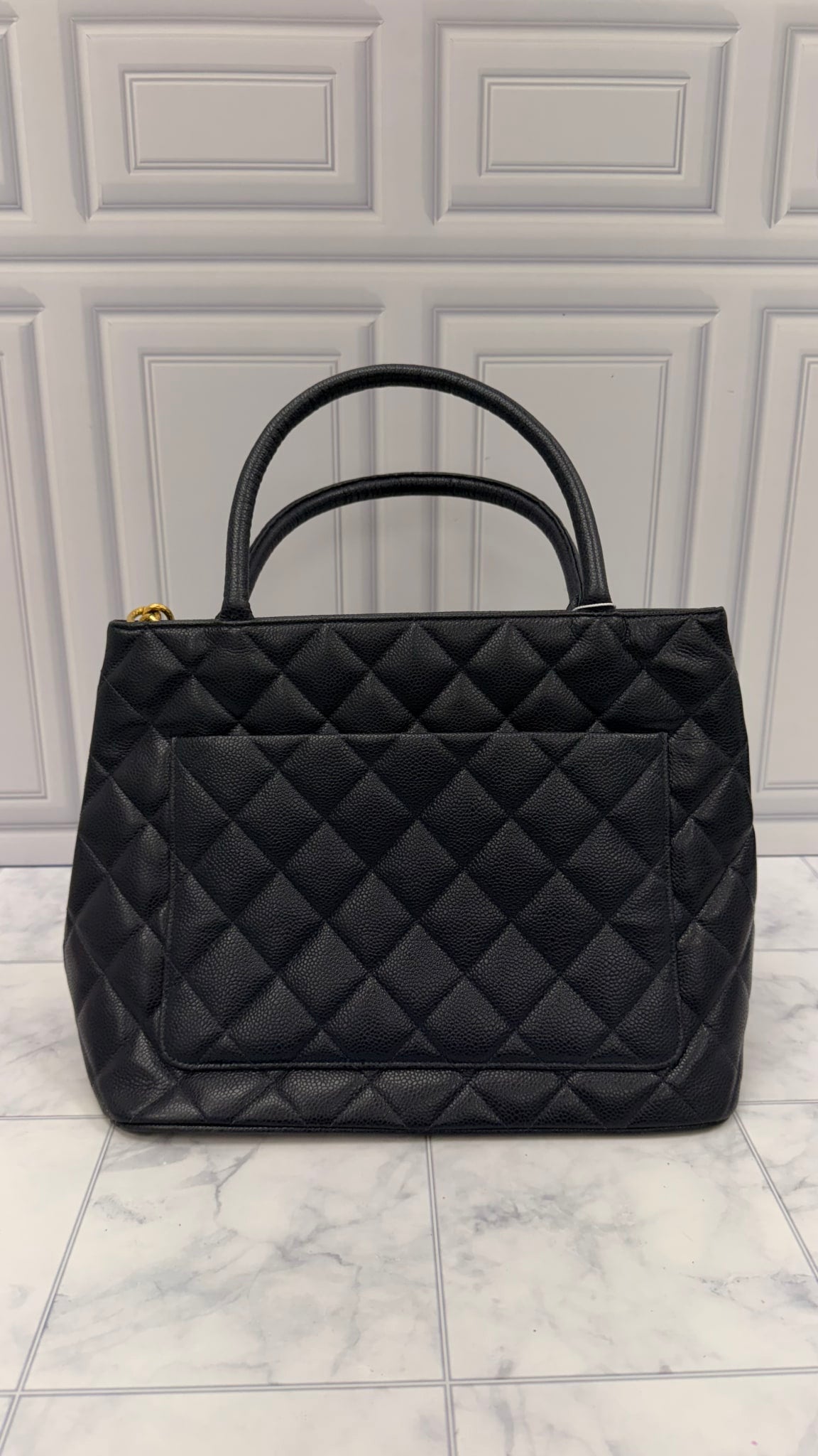 Chanel Navy Quilted Caviar Leather Medallion Tote Bag