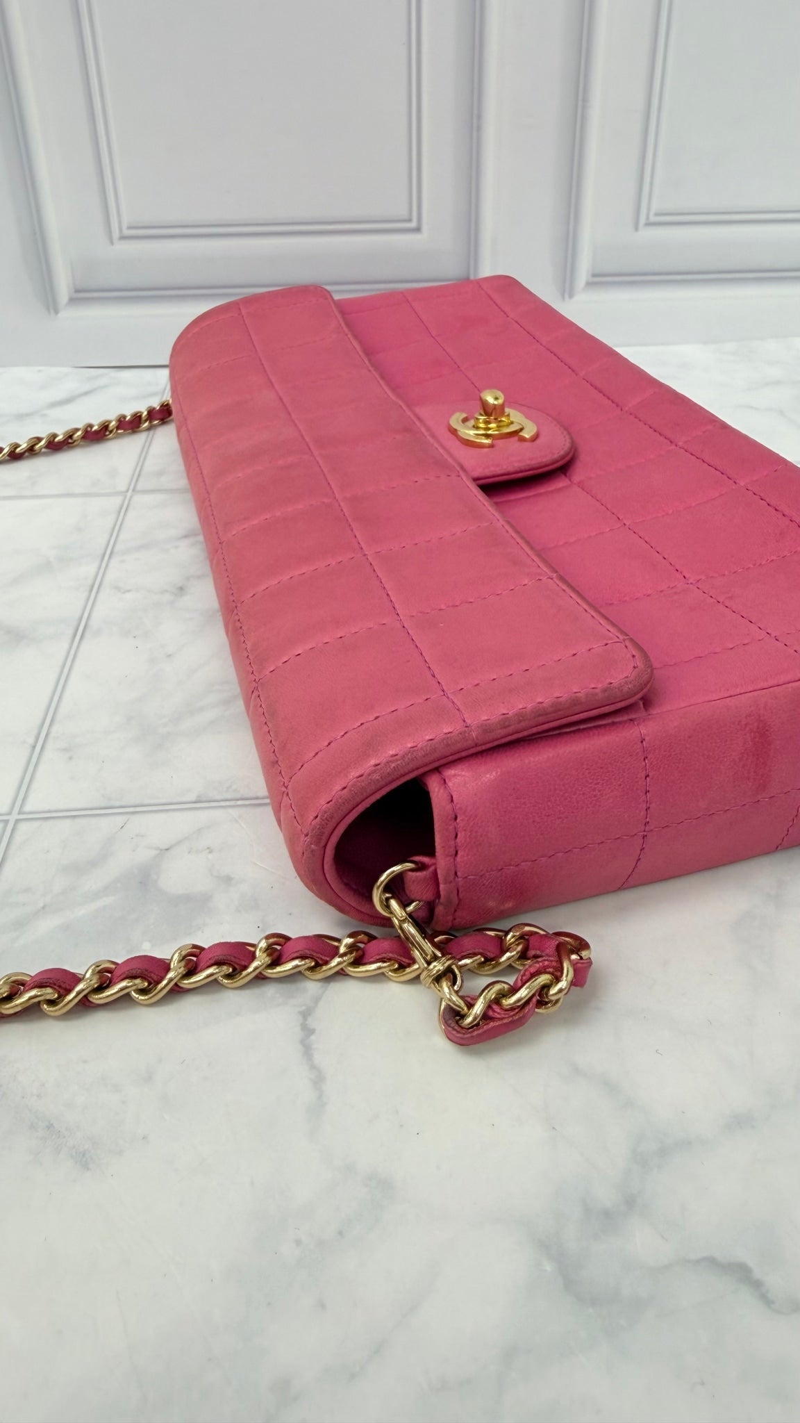 Chanel Hot Pink Lambskin Leather Chocolate Bar East West Flap Shoulder Bag 