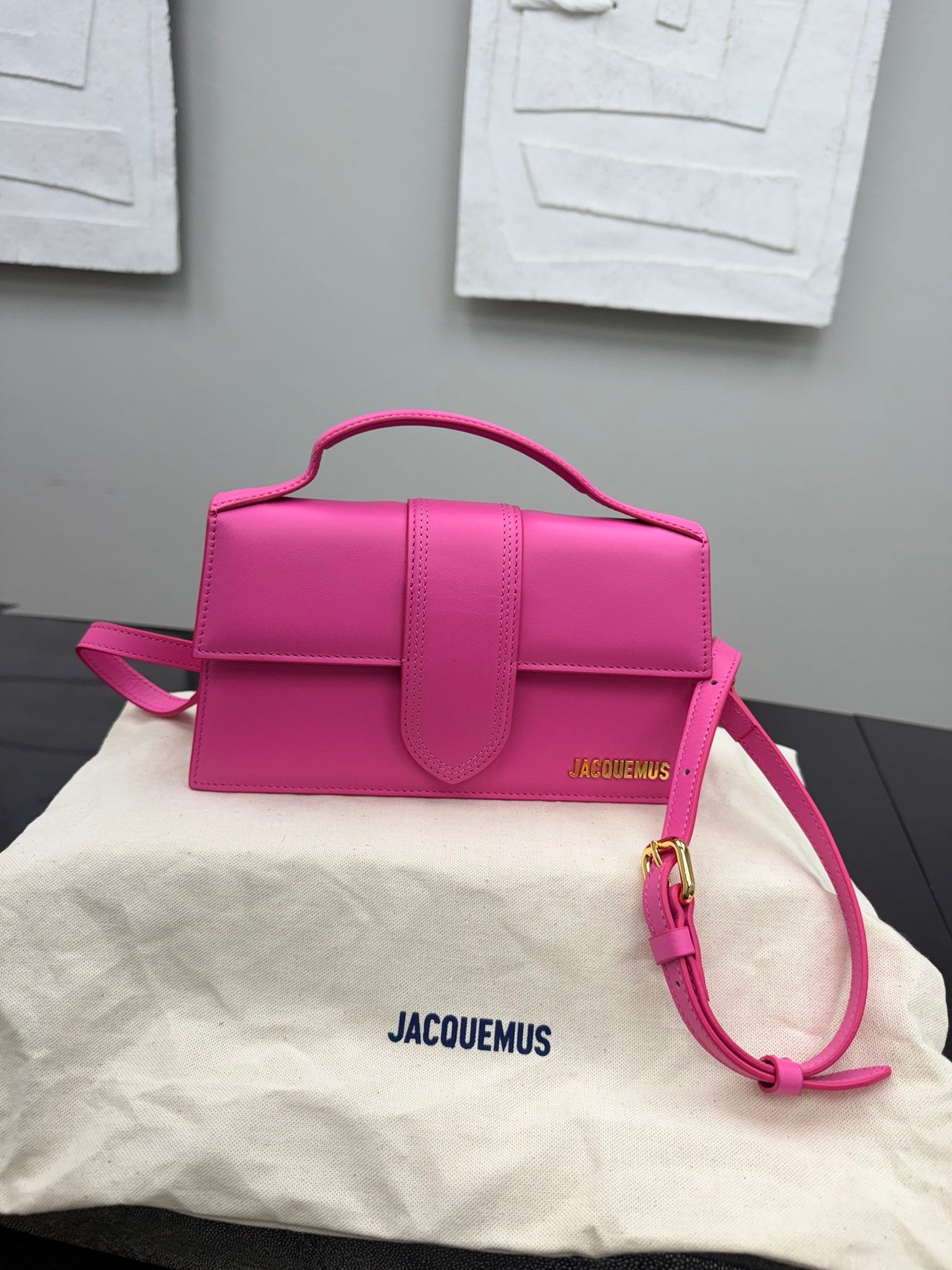 LIKE NEW - Jacquemus Hot Pink Leather Le Grand Bambino Handbag 2Way Handbag 