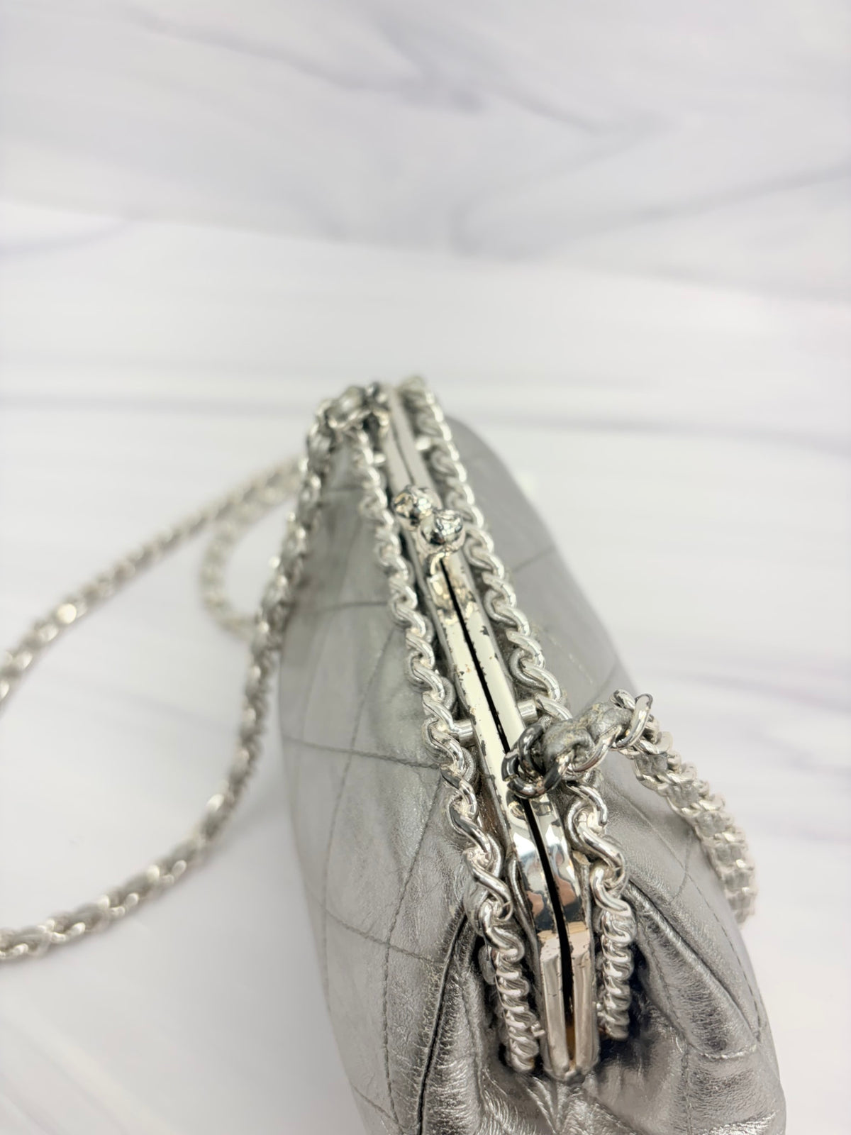 Chanel Metallic Silver Quilted Lambskin Kisslock Frame Bag