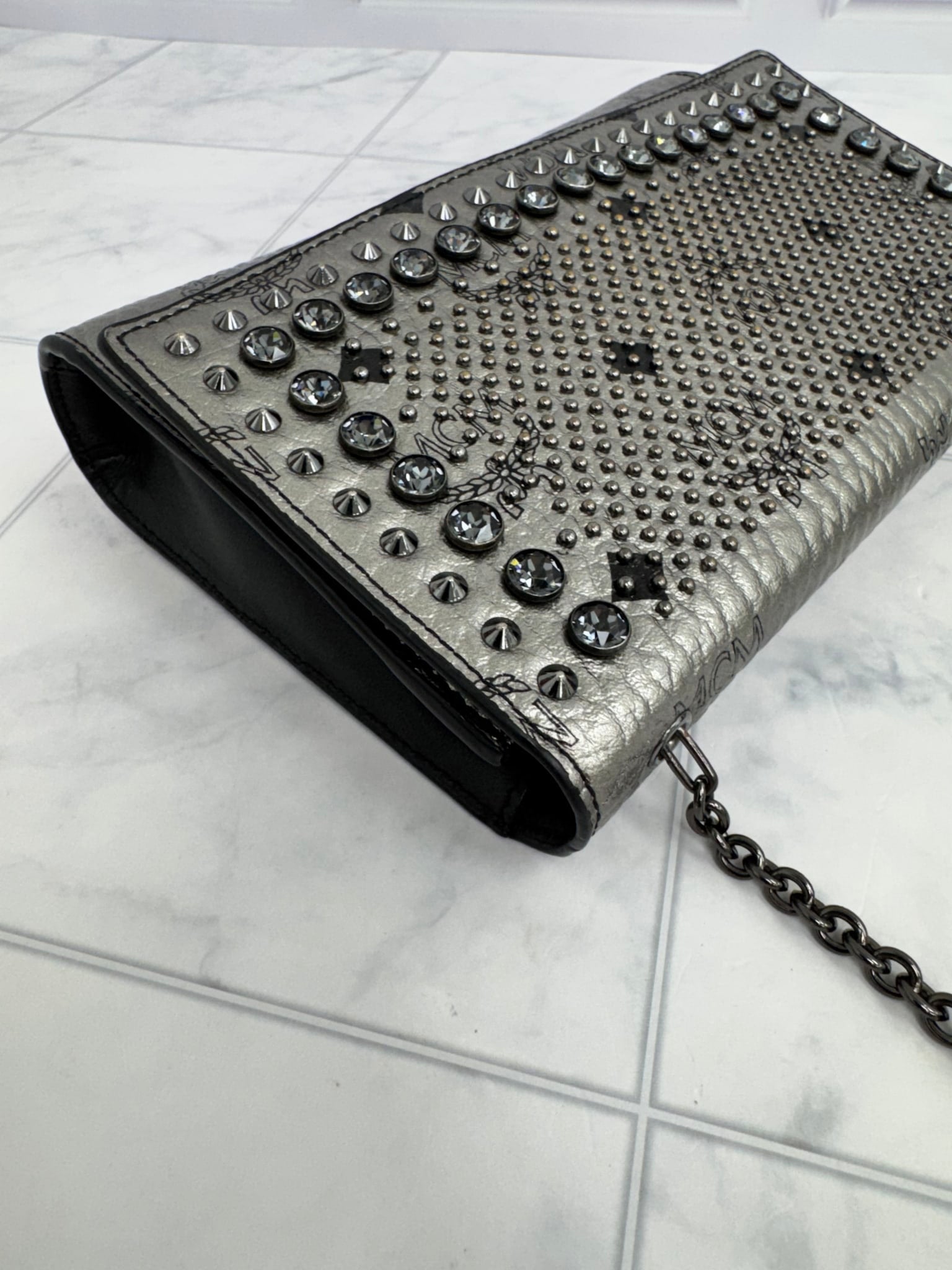 MCM Silver Visetos Monogram Studded Chain Crossbody Bag